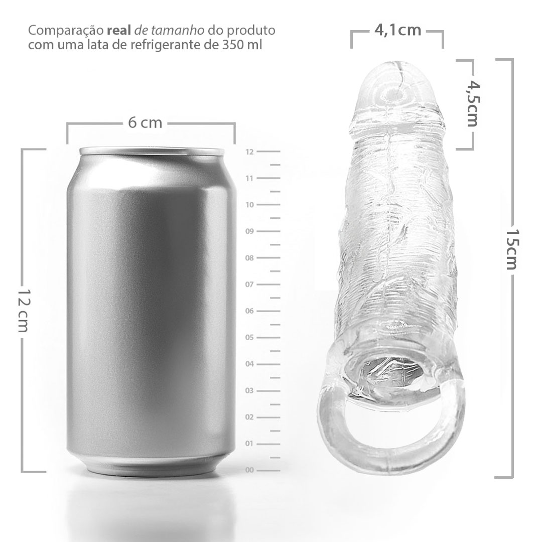 Dimens�es e Detalhes da Capa Peniana Jelly Transparente com Extensor Interno e Anel Escrotal