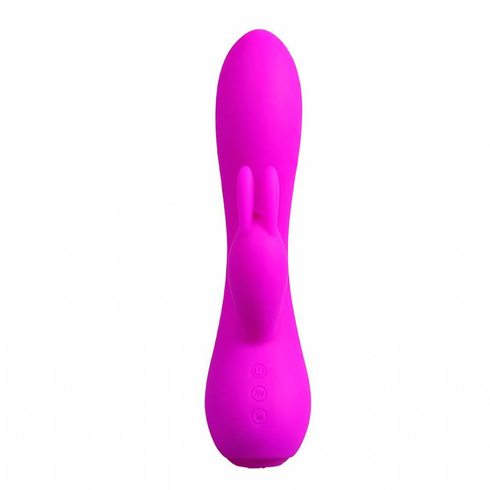 Vibrador duplo Stanley Pink vista da parte de tr�s com bot�es de controle e marca��o 'Pretty Love'