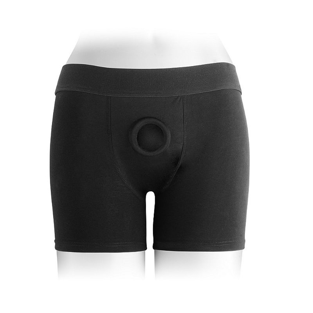 Vista frontal da cueca boxer harness strap on preta, com o aro central em destaque, em manequim sem cabe�a