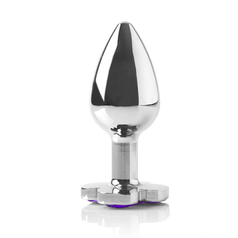 detalhe do acabamento em a�o cromado do Plug Anal Joia em A�o Trevo Cromado Tamanho P Roxo mostrando brilho met�lico premium e superf�cie lisa