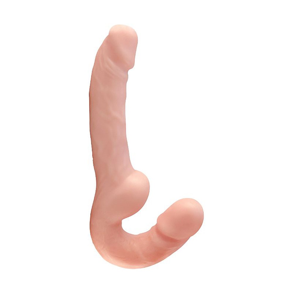 Cinta peniana Big One em TPE bege, vista frontal com os dois p�nis em formato ergon�mico