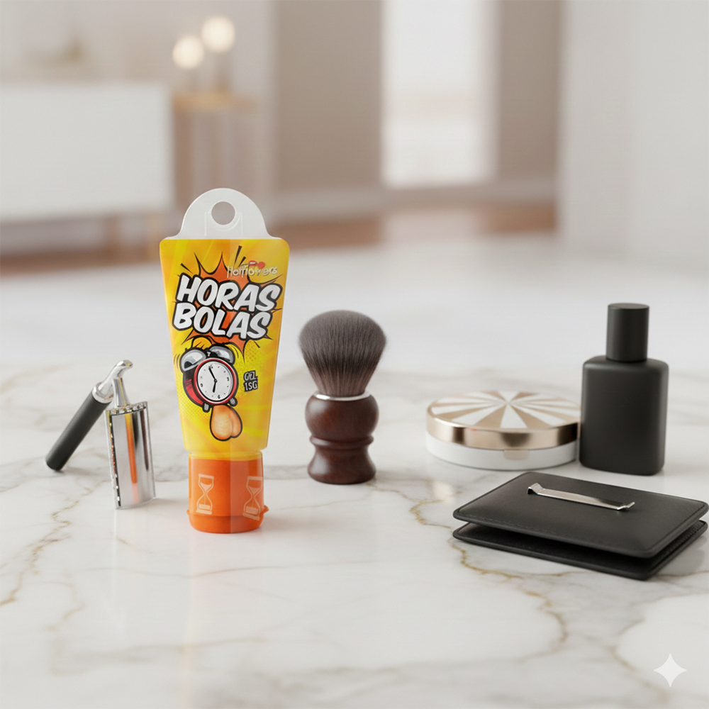 Gel Retardante Masculino Horas Bolas com fundo em tom vermelho e rel�gios, refor�ando a ideia de tempo prolongado