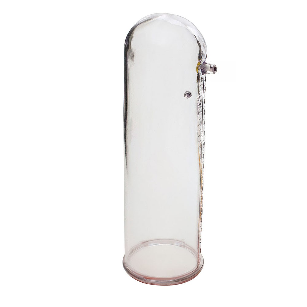 Cilindro transparente da bomba peniana em vista lateral, com base preta e anel de borracha