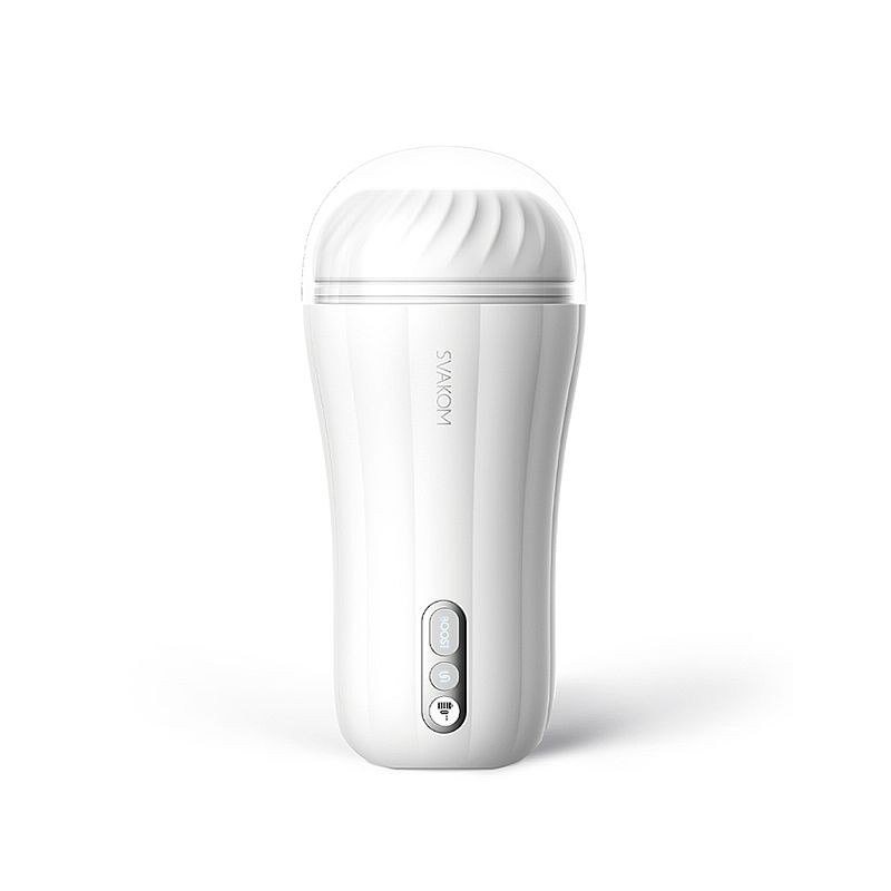 Masturbador Masculino Robin Branco, vista frontal detalhada dos bot�es de controle e visor LED, destacando o design ergon�mico.