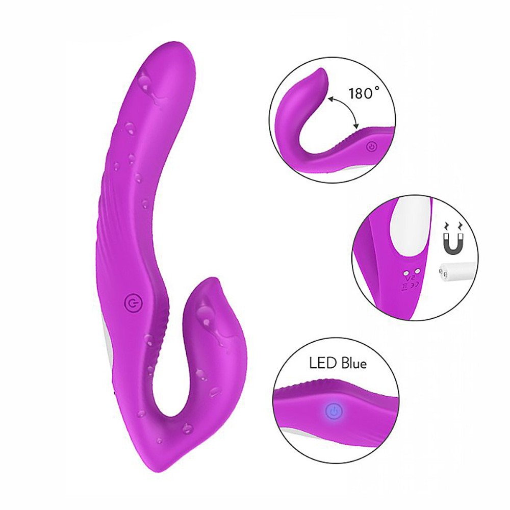 Cinta Peniana Nami Roxo - Detalhe da ponta vibrat�ria e parte interna, exibindo design anat�mico para estimular o clit�ris e o ponto G. Roxo vibrante.