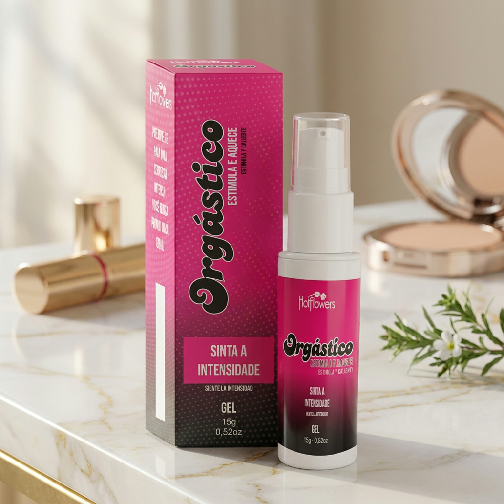 Gel Excitante Feminino Org�stico Hot Flowers 15g em cen�rio de maquiagem, insinuando a beleza e cuidado com o prazer feminino