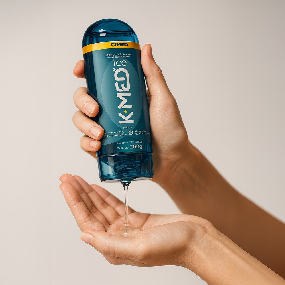 Pessoa aplicando o Gel Lubrificante �ntimo com Sensa��o de Frescor K-Med 200g na palma da m�o