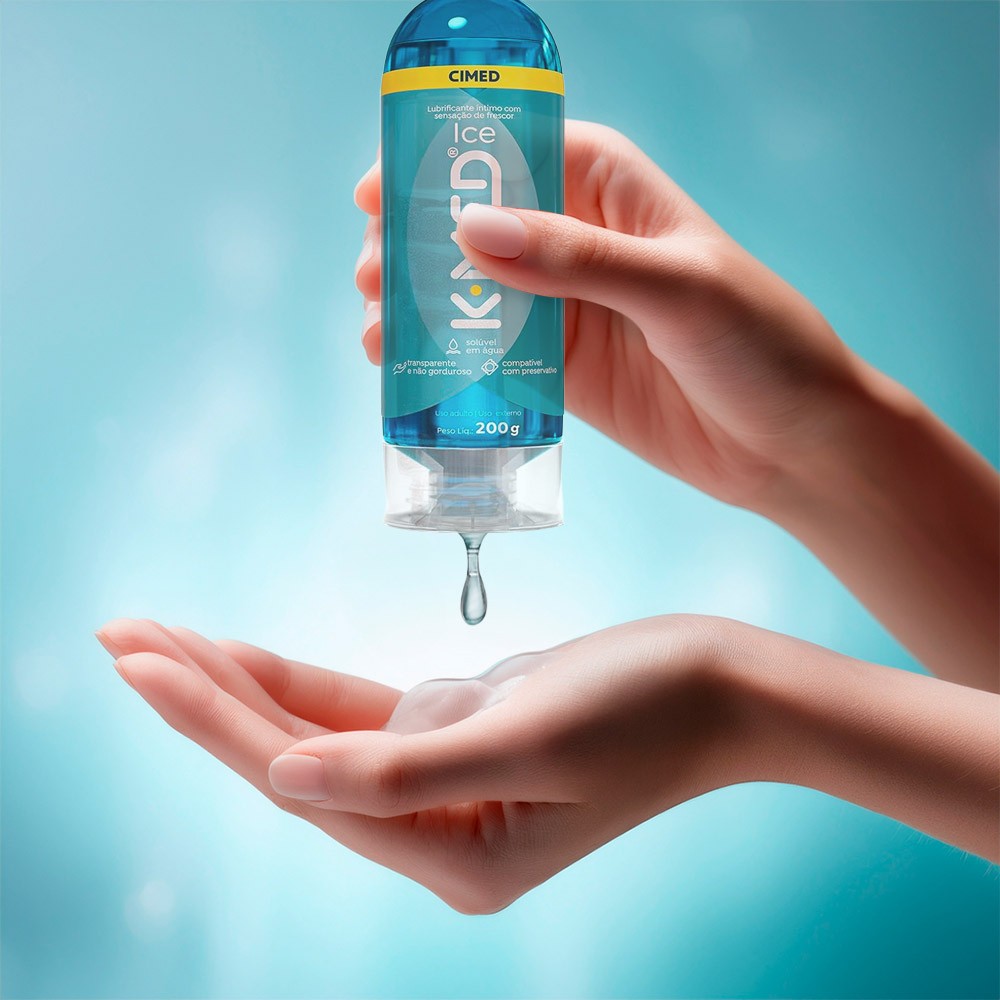 Gel Lubrificante �ntimo com Sensa��o de Frescor K-Med 200g em frasco deitado, mostrando a fluidez e transpar�ncia do gel