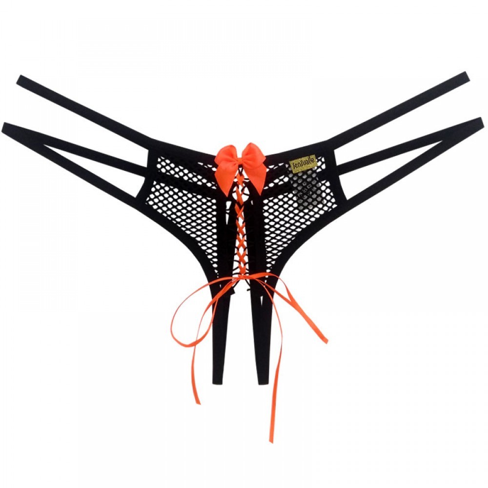 Calcinha strappy fio dental em arrast�o com detalhe de lacinho e fita laranja na frente