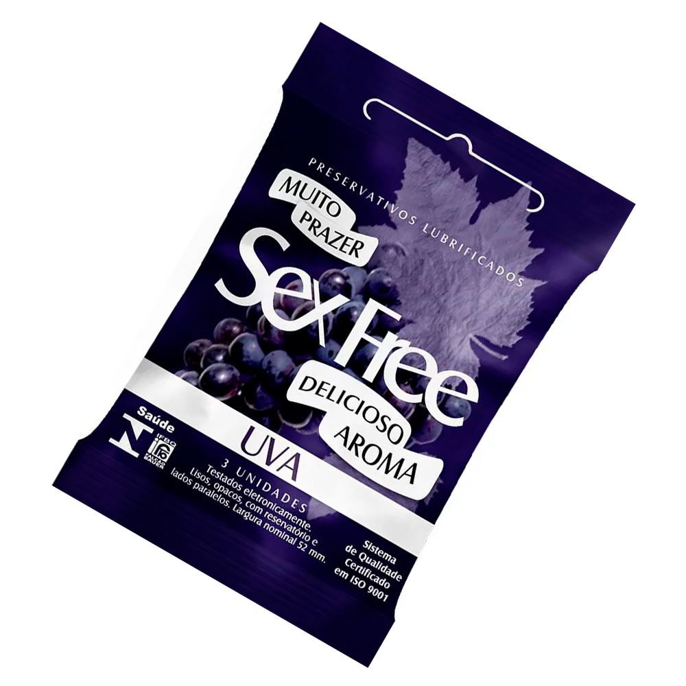 Preservativo Sex Free Aroma Uva com 3 unidades em sua embalagem, em close, destacando detalhes da marca e informa��es de seguran�a.