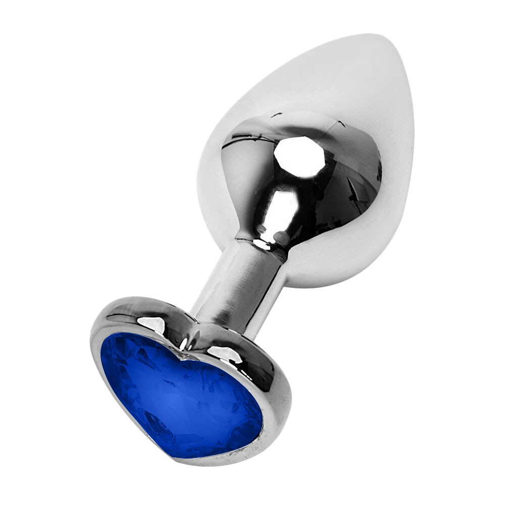 Vista lateral do Plug Anal Joia ABS com cora��o azul, evidenciando formato anat�mico em gota e propor��o delicada