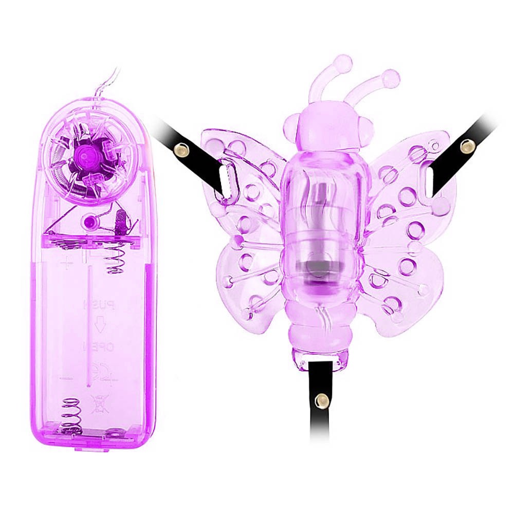 Vibrador Butterfly Roxo em close frontal, detalhando o design da borboleta e o controle com fio