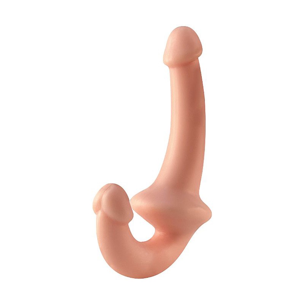Cinta peniana Big Two bege, vista lateral mostrando o formato curvado dos dois p�nis real�sticos