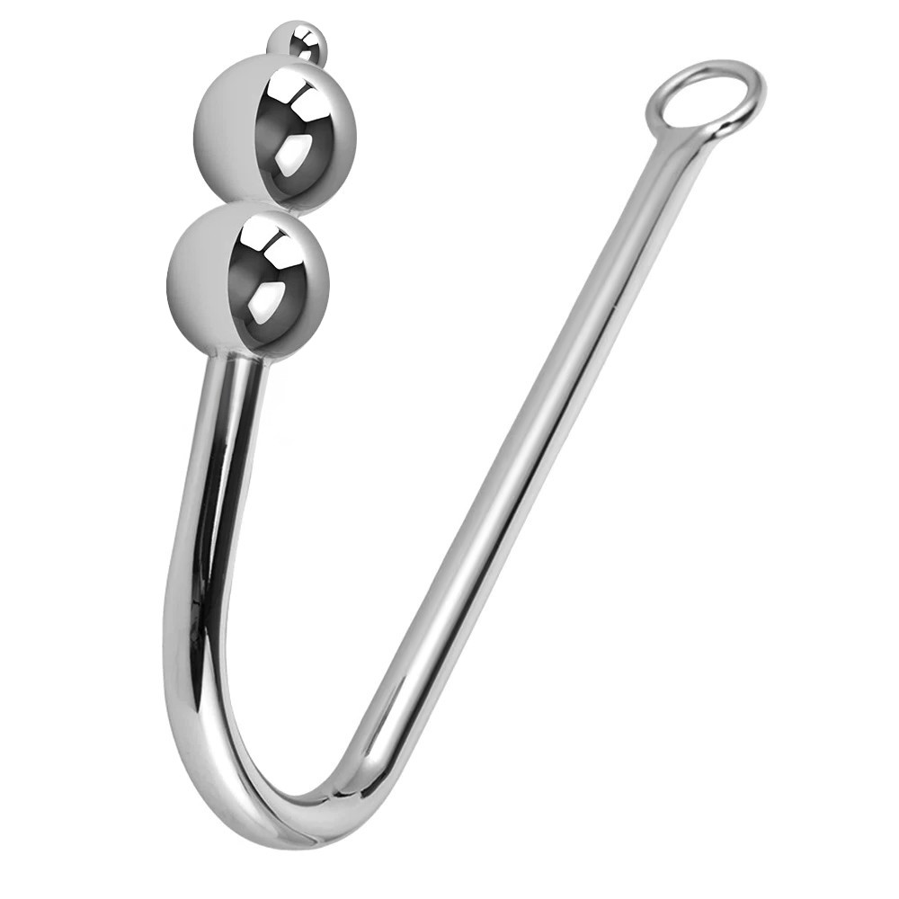 Plug Anal Gancho em A�o Inoxid�vel com Tr�s Esferas Prata em �ngulo lateral mostrando o gancho e as esferas