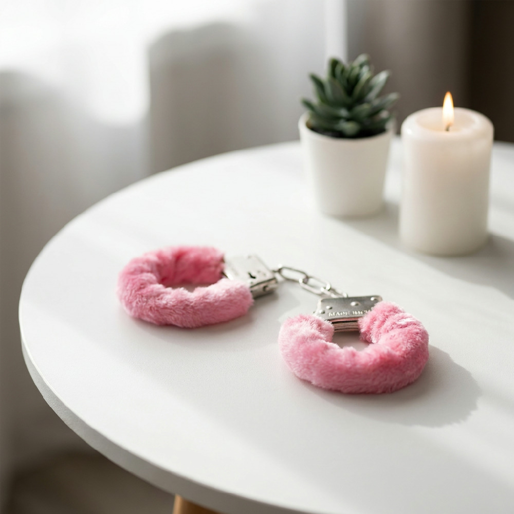 Algema para Fetiche Rosa com Corrente em Metal e Pel�cia em ambiente �ntimo com vela e planta, sugerindo um clima sensual e misterioso