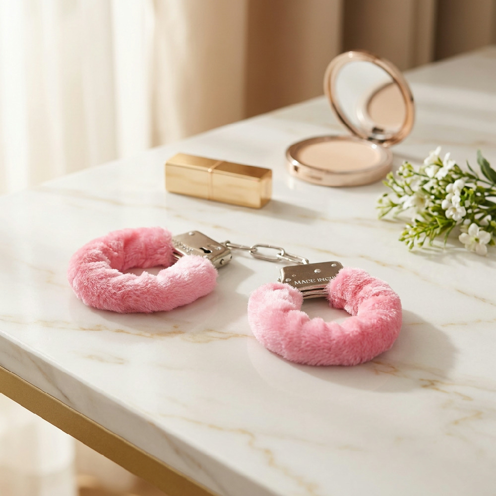 Algema para Fetiche Rosa com Corrente em Metal e Pel�cia em ambiente iluminado com maquiagem e flor, sugerindo um momento �ntimo