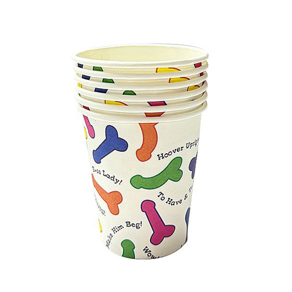 Kit de 6 copos de papel brancos com estampas coloridas de p�nis empilhados, vista frontal detalhada das bordas e design