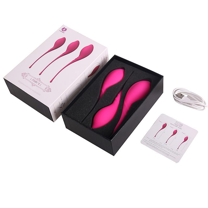 Kit para Pompoarismo com 3 Pesos Diferentes Pink - Conte�do da embalagem com as tr�s bolas de pompoarismo, embalagem e cabo USB