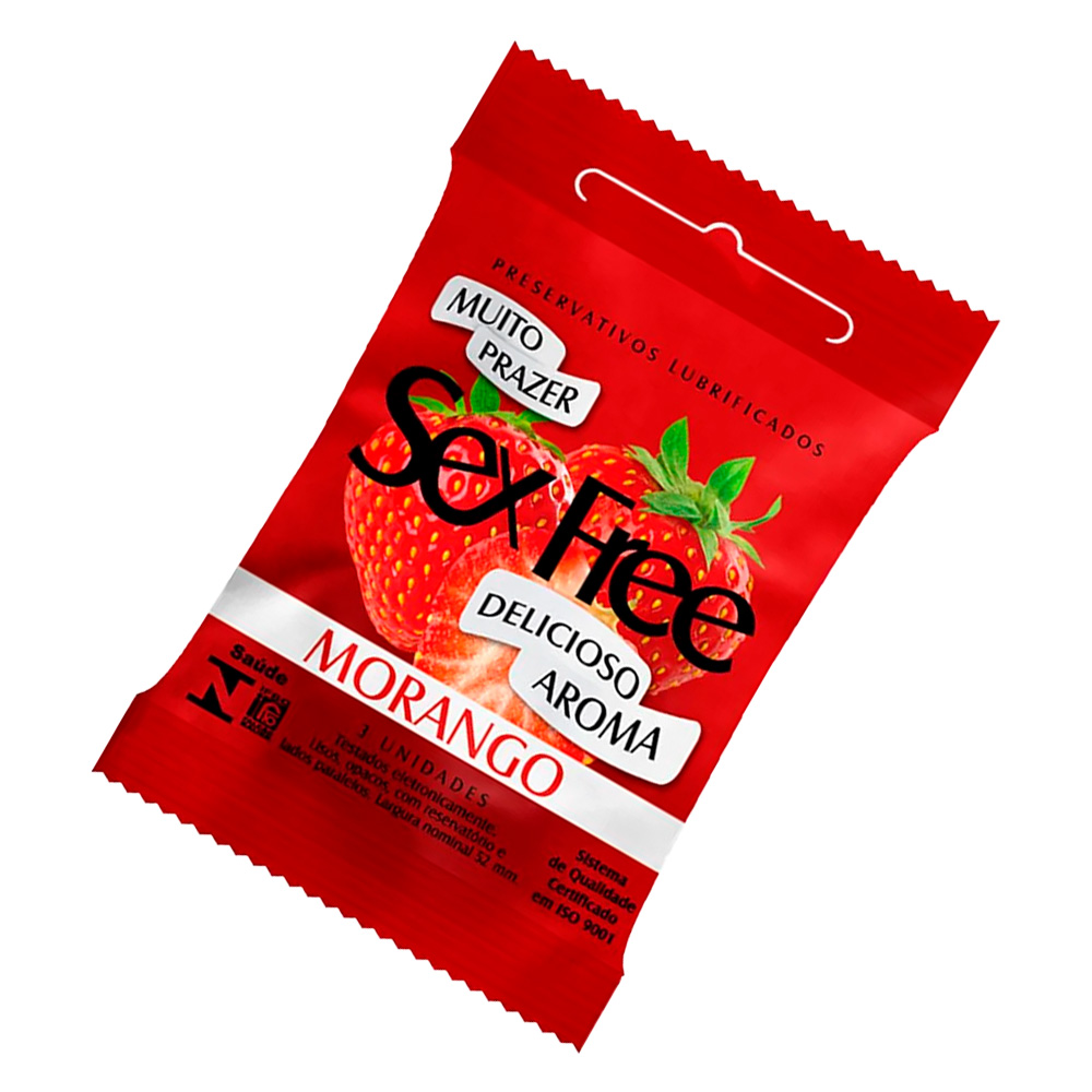 Close-up da embalagem do Preservativo Sex Free Morango, mostrando o selo de certifica��o e informa��es do produto