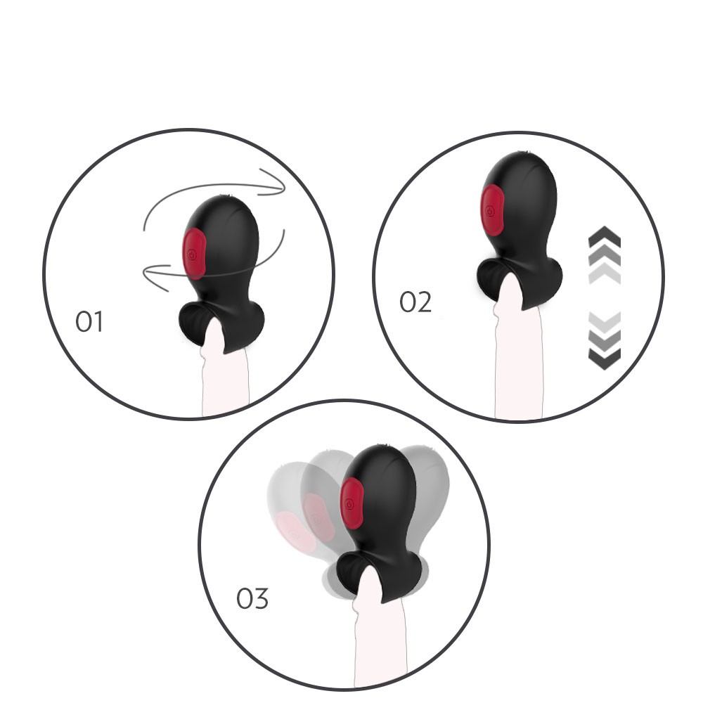 Ilustra��o de uso do Vibrador Masculino Shell Preto, com indica��o de movimentos vibrat�rios e de rota��o