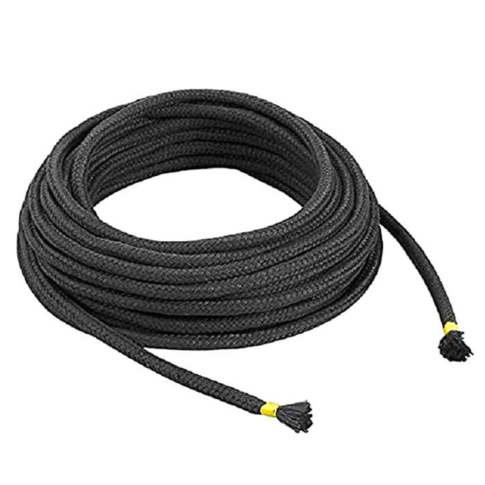 Corda de algod�o preta para bondage e shibari disposta em um formato espiral aberto, mostrando seus 10m de comprimento e as pontas com acabamento amarelo