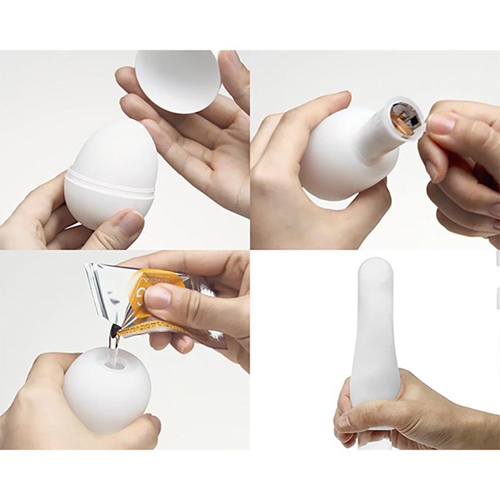 Masturbador Tenga EGG Tornado e sua embalagem em formato de ovo, com o produto flex�vel esticado ao lado para demonstrar sua elasticidade