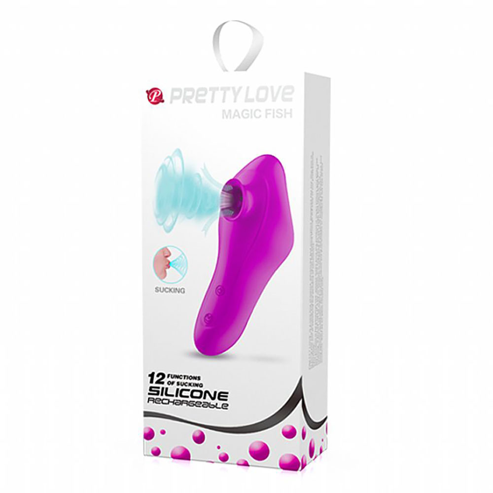 Estimulador de Clit�ris Magic Fish Roxo sobre uma superf�cie branca, mostrando sua embalagem com informa��es sobre 12 fun��es.
