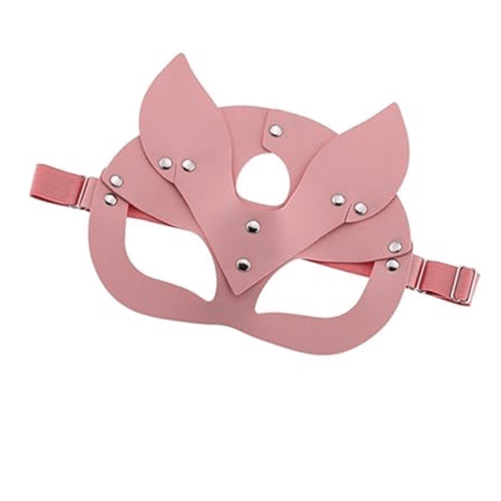 Vista traseira da m�scara de gato rosa em PU, mostrando fivela ajust�vel e el�stico da tira
