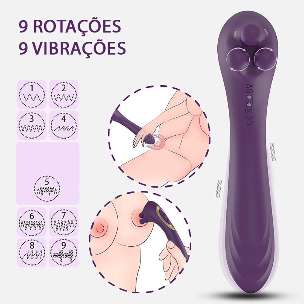 Vibrador Feminino Angel's Hand Roxo com destaque para os 9 modos de vibra��o e 9 modos de rota��o, e ilustra��es de uso