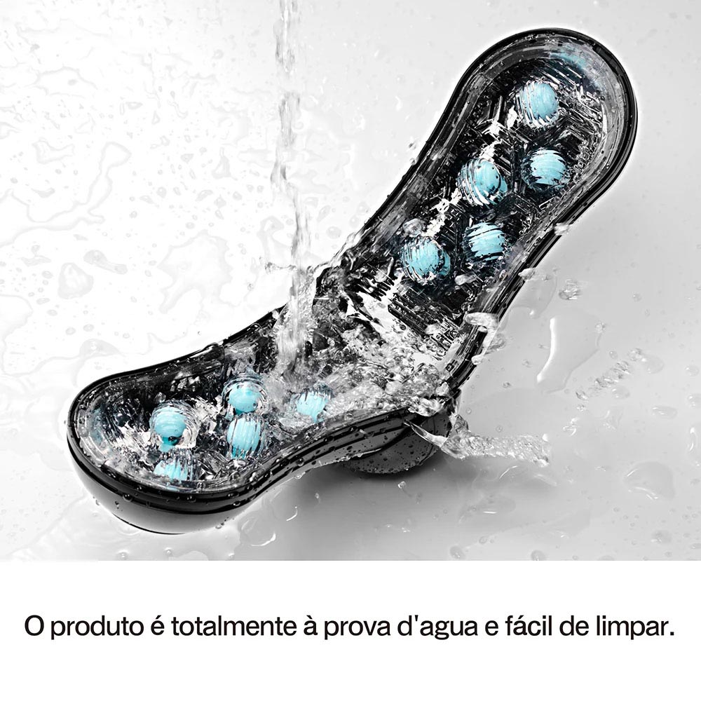 Masturbador Masculino Flip Orb Strong Blue Rush, imagem do produto aberto mostrando o interior detalhado e as esferas estimulantes