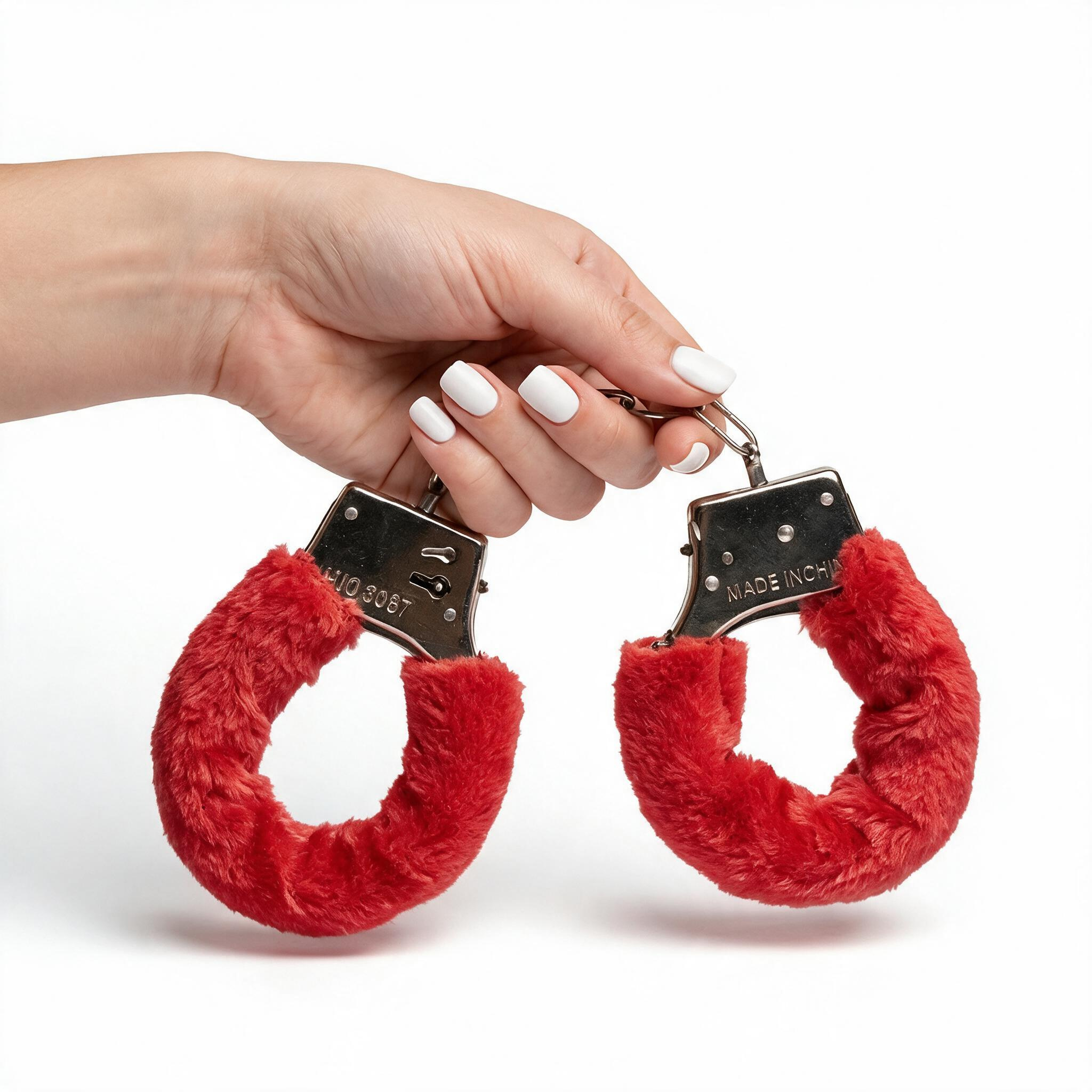 Algema para Fetiche Rosa com Corrente em Metal e Revestimento de Pel�cia sendo segurada pela m�o, mostrando o detalhe do metal e do tecido