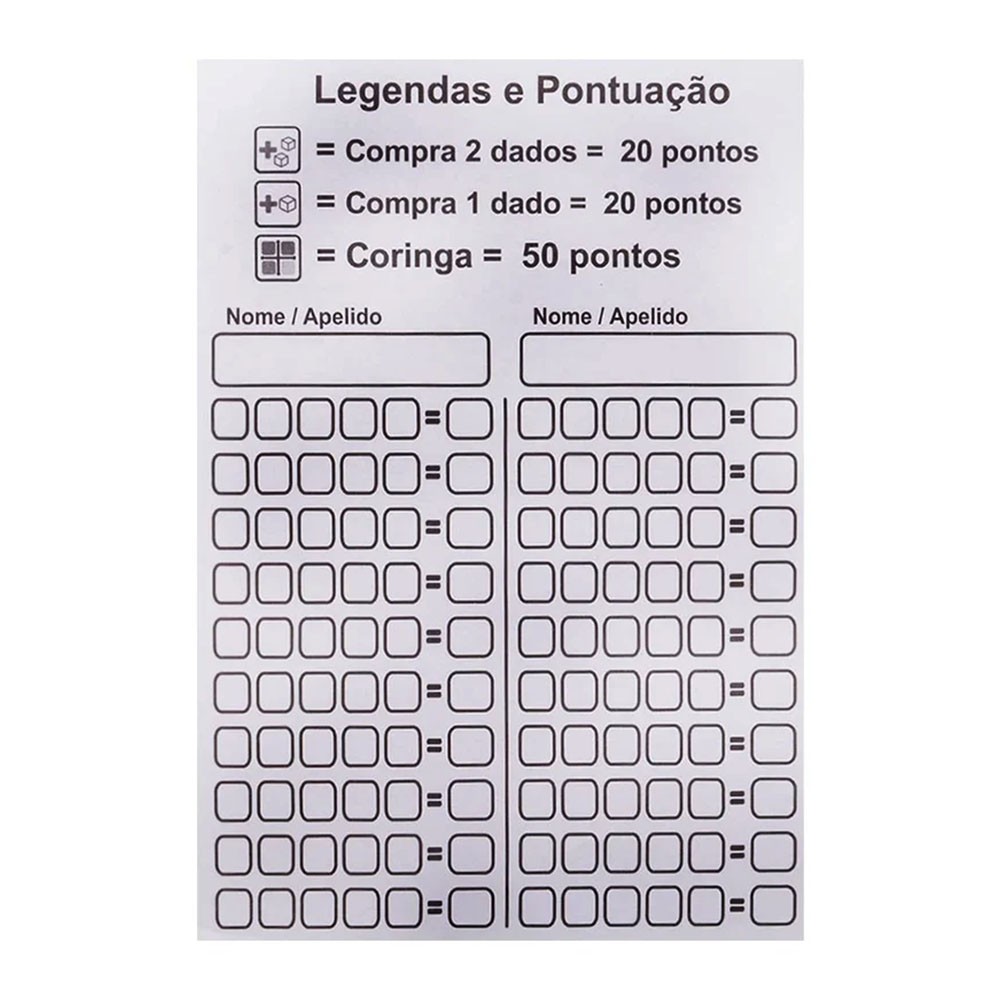 Vis�o superior de 11 dados brancos com s�mbolos coloridos do jogo Mau Mau dispostos em linha, sobre fundo branco