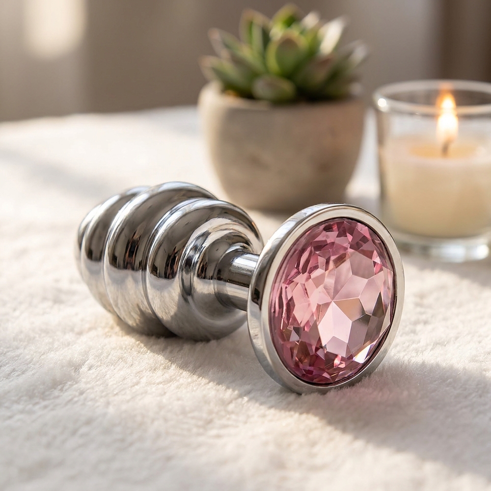 vista lateral do plug anal joia em a�o inox com cristal rosa evidenciando formato anat�mico em gomos e propor��o equilibrada em ambiente sensual