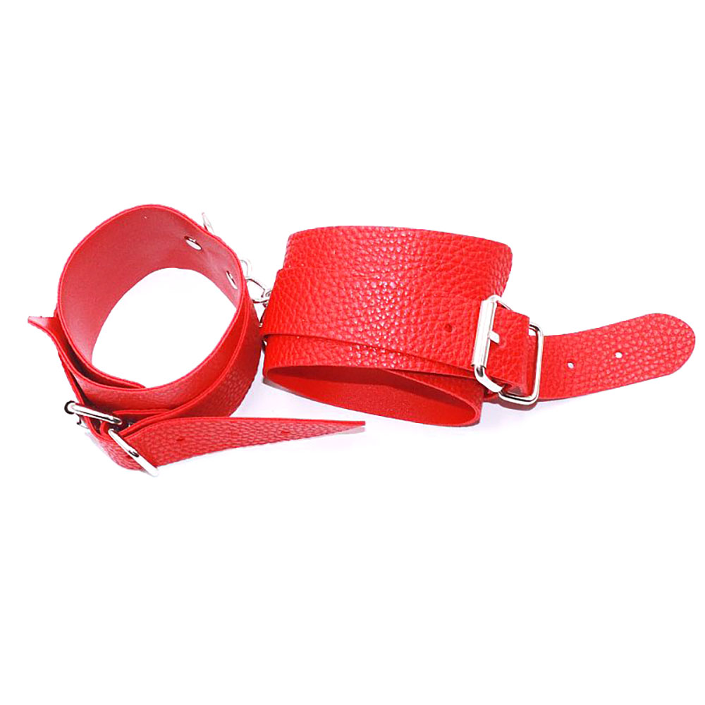 Conjunto de algemas vermelhas interligadas por corrente, mostrando a morda�a e outro acess�rio ao fundo