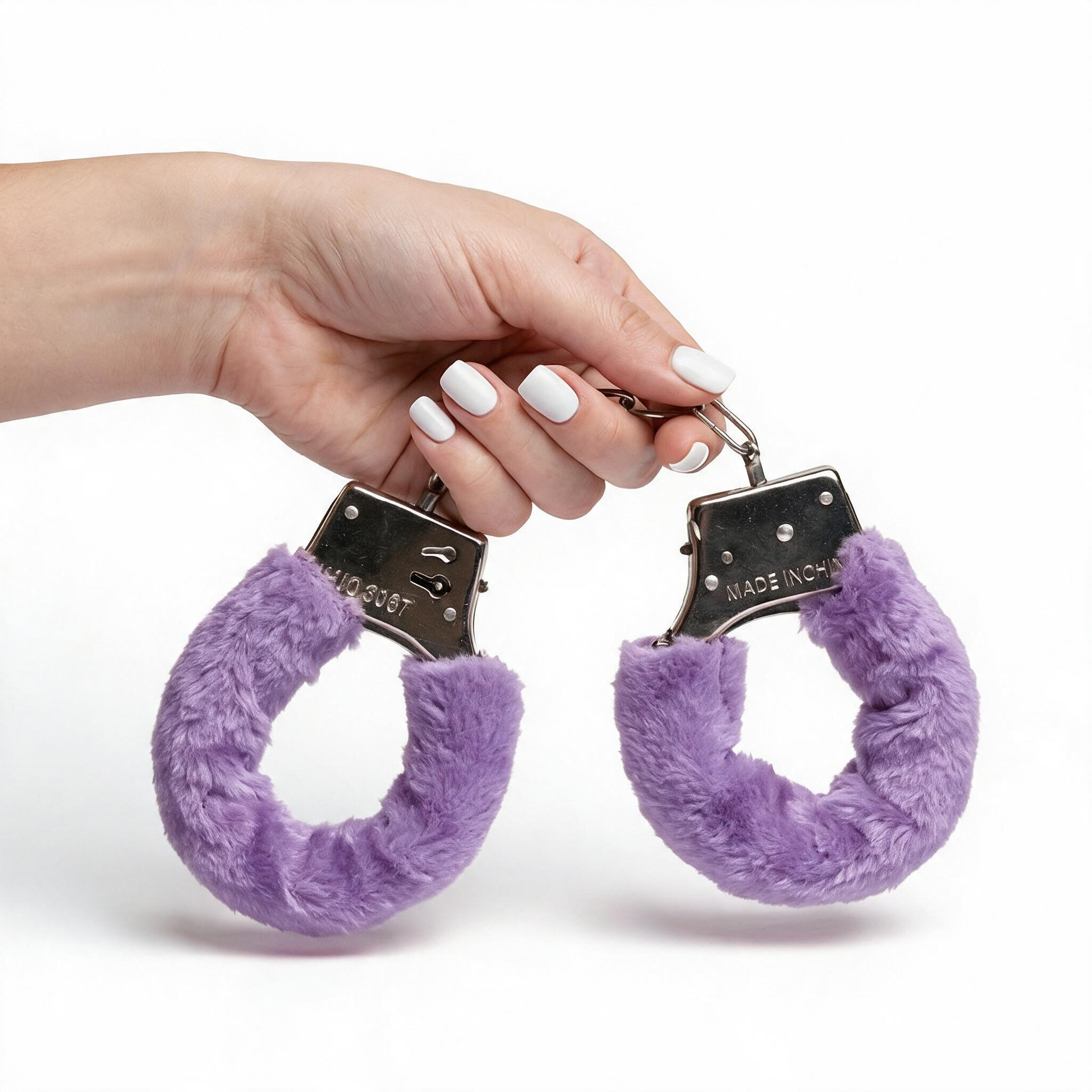 Algema para Fetiche Rosa com Corrente em Metal e Revestimento de Pel�cia sendo segurada pela m�o, mostrando o detalhe do metal e do tecido