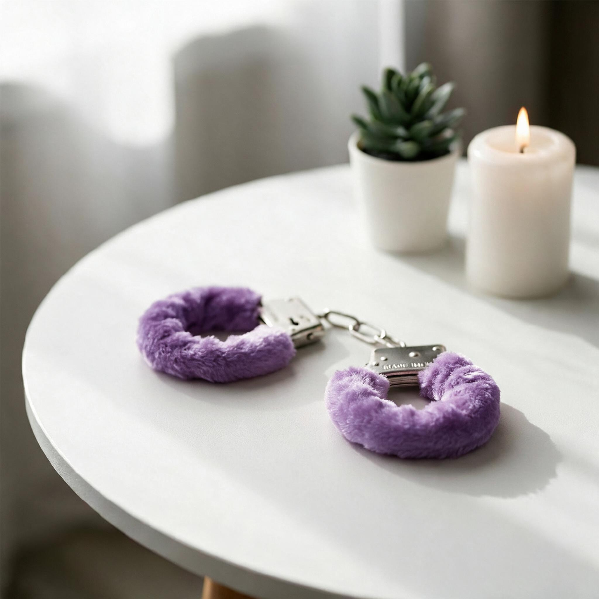 Algema para Fetiche Rosa com Corrente em Metal e Pel�cia em ambiente �ntimo com vela e planta, sugerindo um clima sensual e misterioso