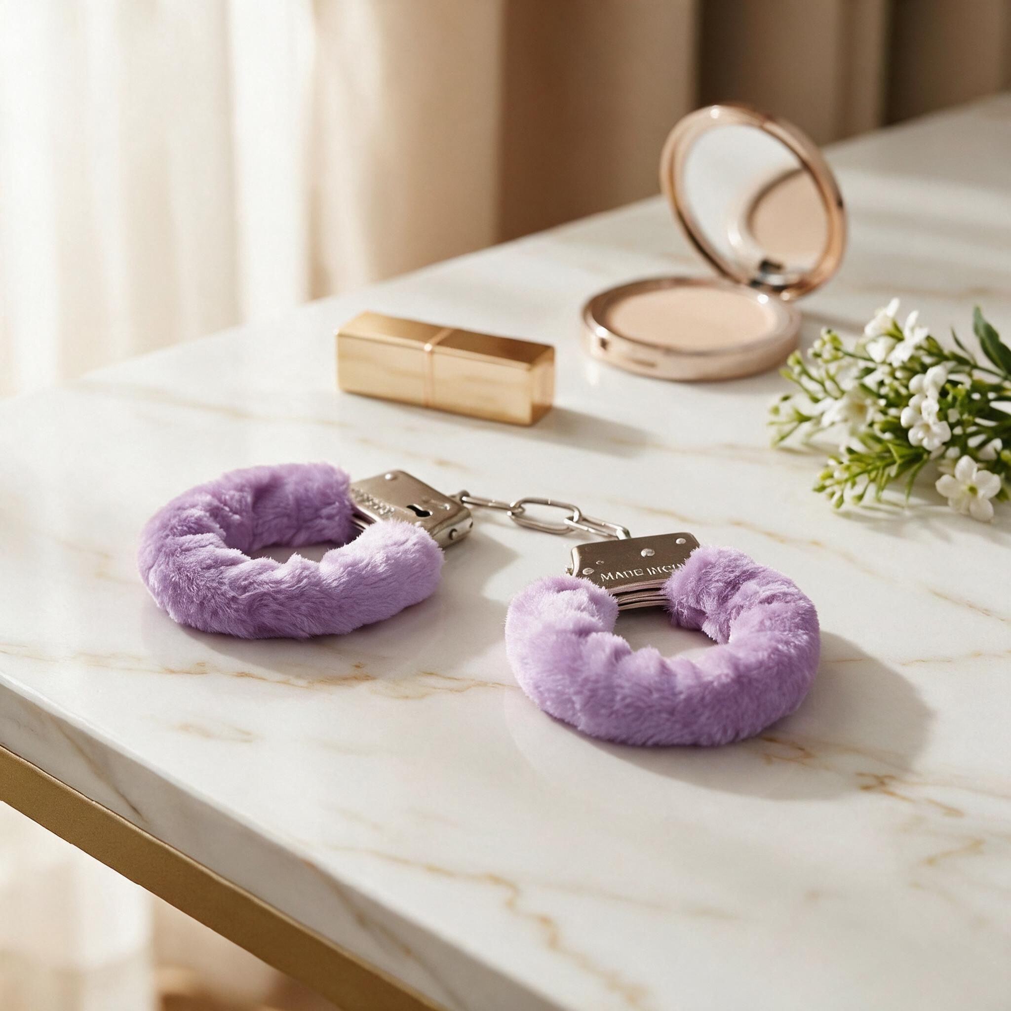 Algema para Fetiche Rosa com Corrente em Metal e Pel�cia em ambiente iluminado com maquiagem e flor, sugerindo um momento �ntimo