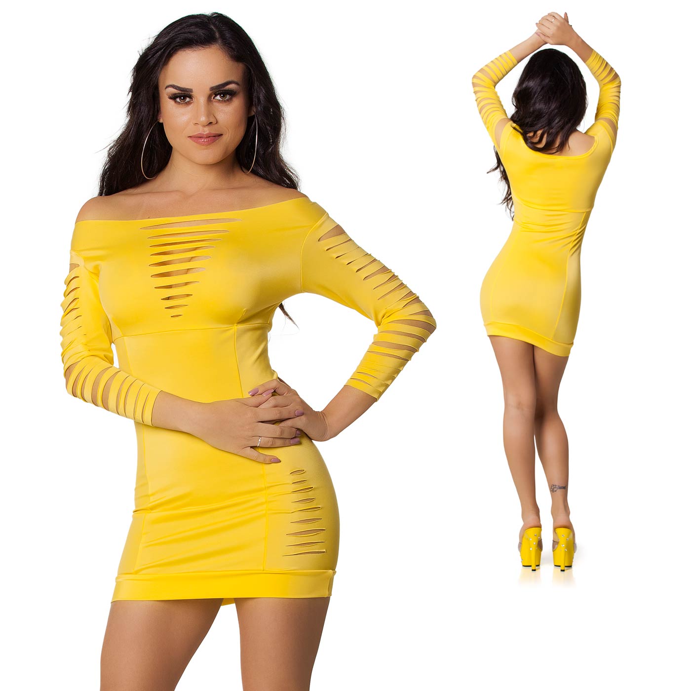 Vestido Sensual com Manga Recortada Amarelo em destaque, mostrando o detalhe dos recortes e o caimento no corpo.