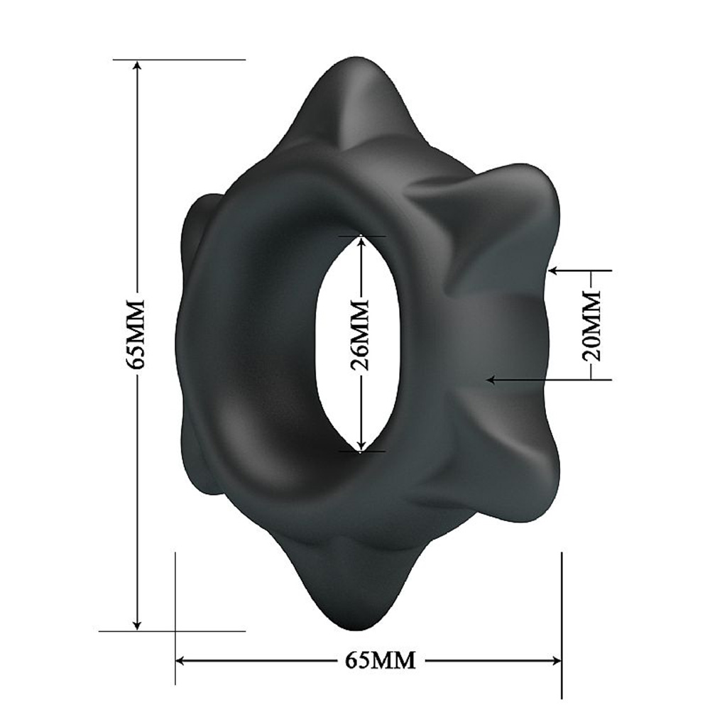 Anel Peniano Ethaniel em silicone texturizado preto, vista frontal em fundo branco, detalhando as texturas externas