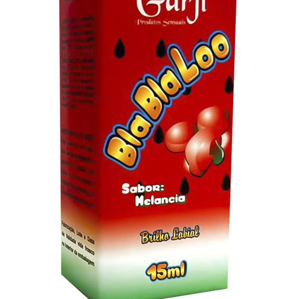 Close-up do frasco do Gel do Beijo Brilho Labial BlaBlaLoo Melancia 15ml - Detalhe do r�tulo
