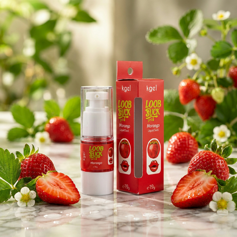 Gel Vibrador L�quido LoobSuck Morango 19ml em cen�rio de frutas e flores, destacando embalagem discreta e frasco.