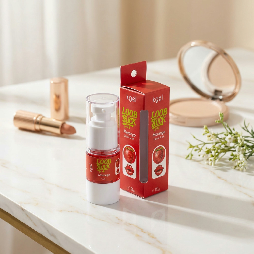 Detalhe do r�tulo e do frasco do Gel Vibrador L�quido LoobSuck Morango 19ml com as informa��es do produto.