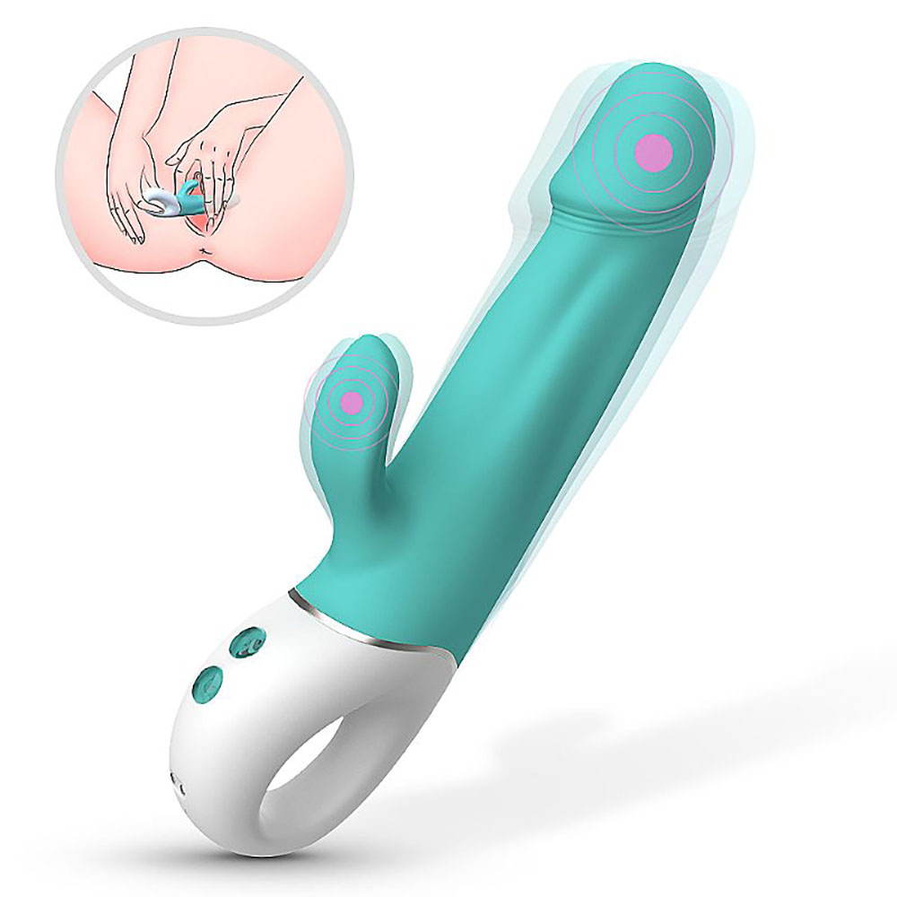 Vibrador Duplo Wave Cyan em uso, ilustrando estimula��o na regi�o do clit�ris e ponto G