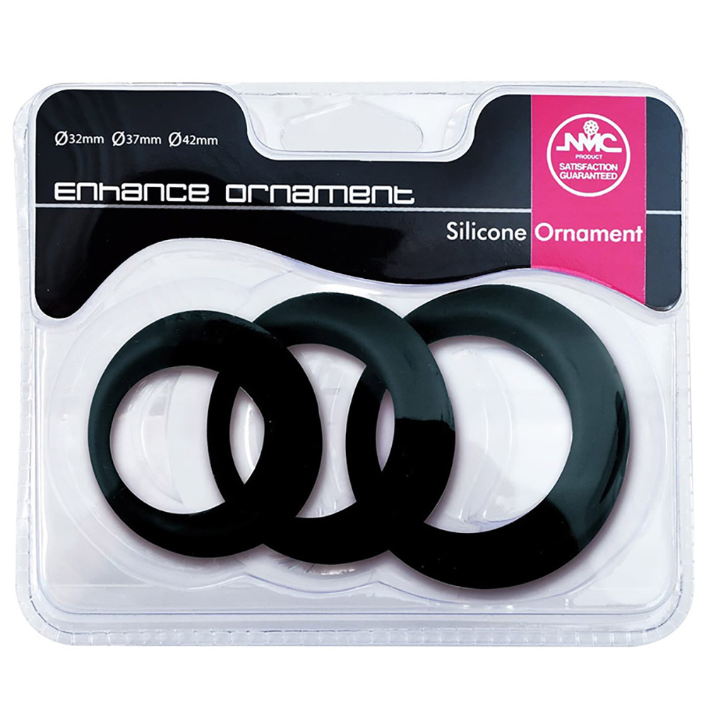 Kit com 3 An�is Penianos em Silicone Preto - Detalhe da embalagem com dimens�es