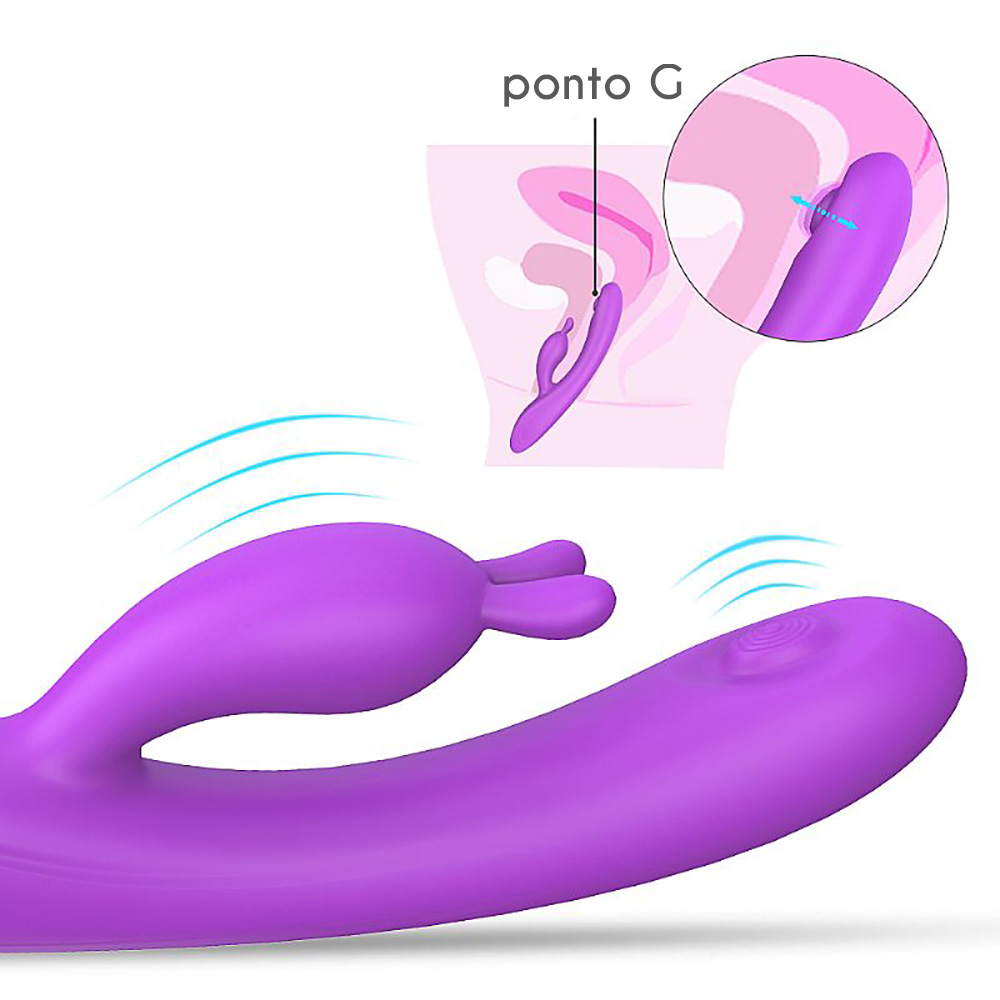 Vibrador Duplo Rabbit Roxo em �ngulo que mostra o ponto G interno e as vibra��es do estimulador clitoriano, com seta indicando alcance