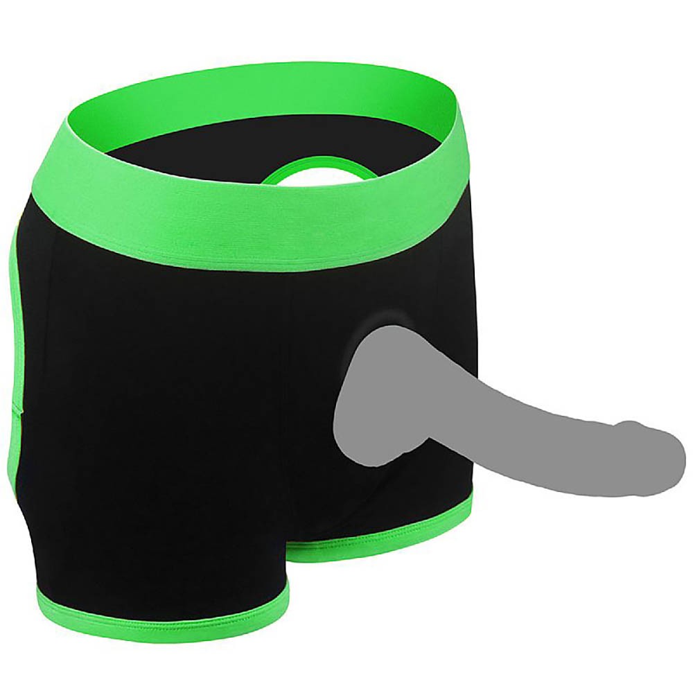Cinta Peniana Cueca Boxer Preta com p�nis real�stico acoplado, vista lateral