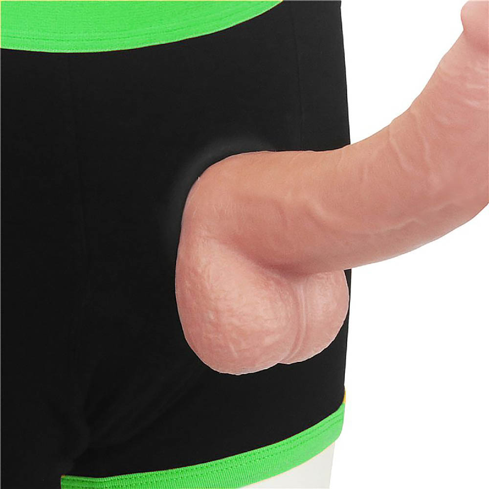 Cinta Peniana Cueca Boxer Preta com design lateral mostrando encaixe do p�nis real�stico