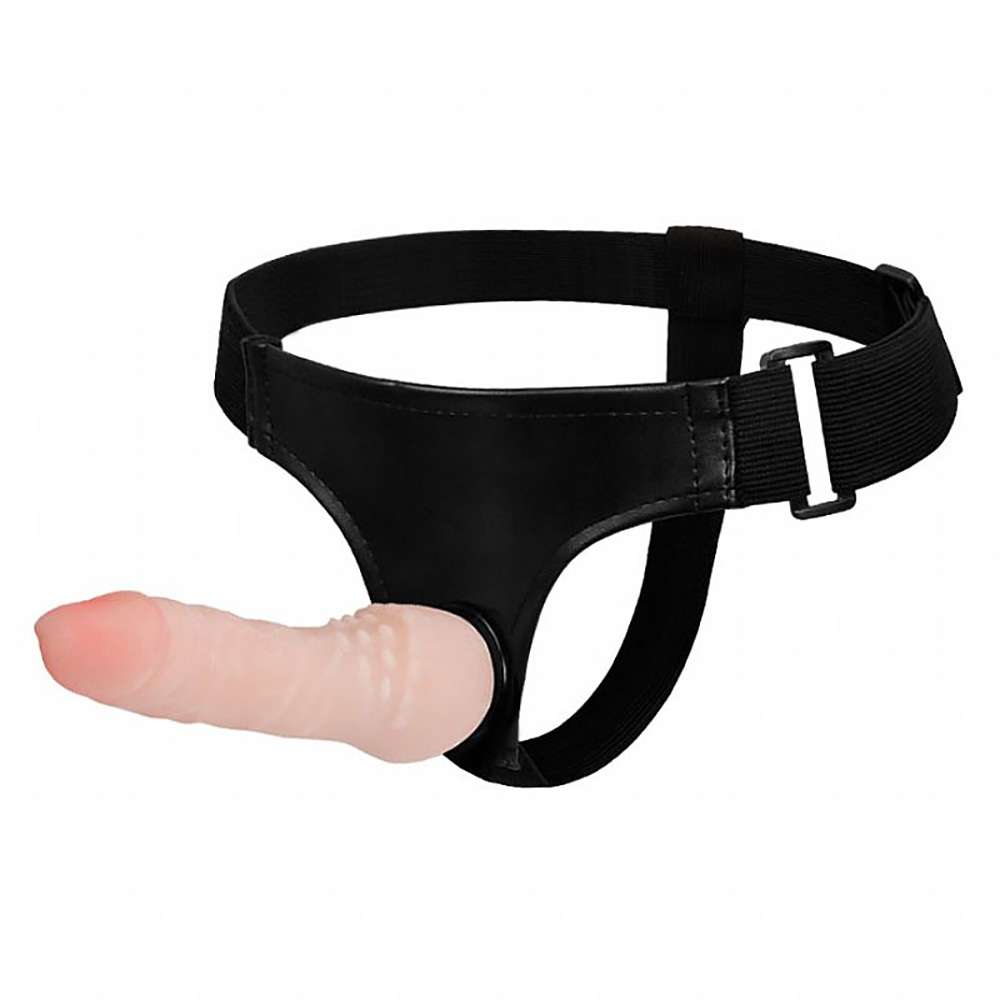 Cinta Peniana Ajust�vel Bege, vista lateral com detalhes da cinta e do p�nis texturizado