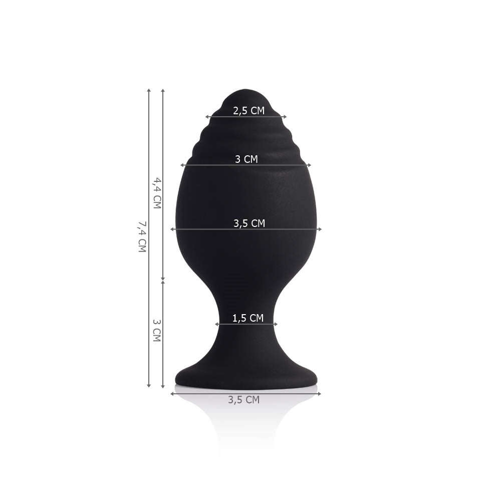 Plug anal Gui preto em silicone com medidas indicadas para refer�ncia de tamanho