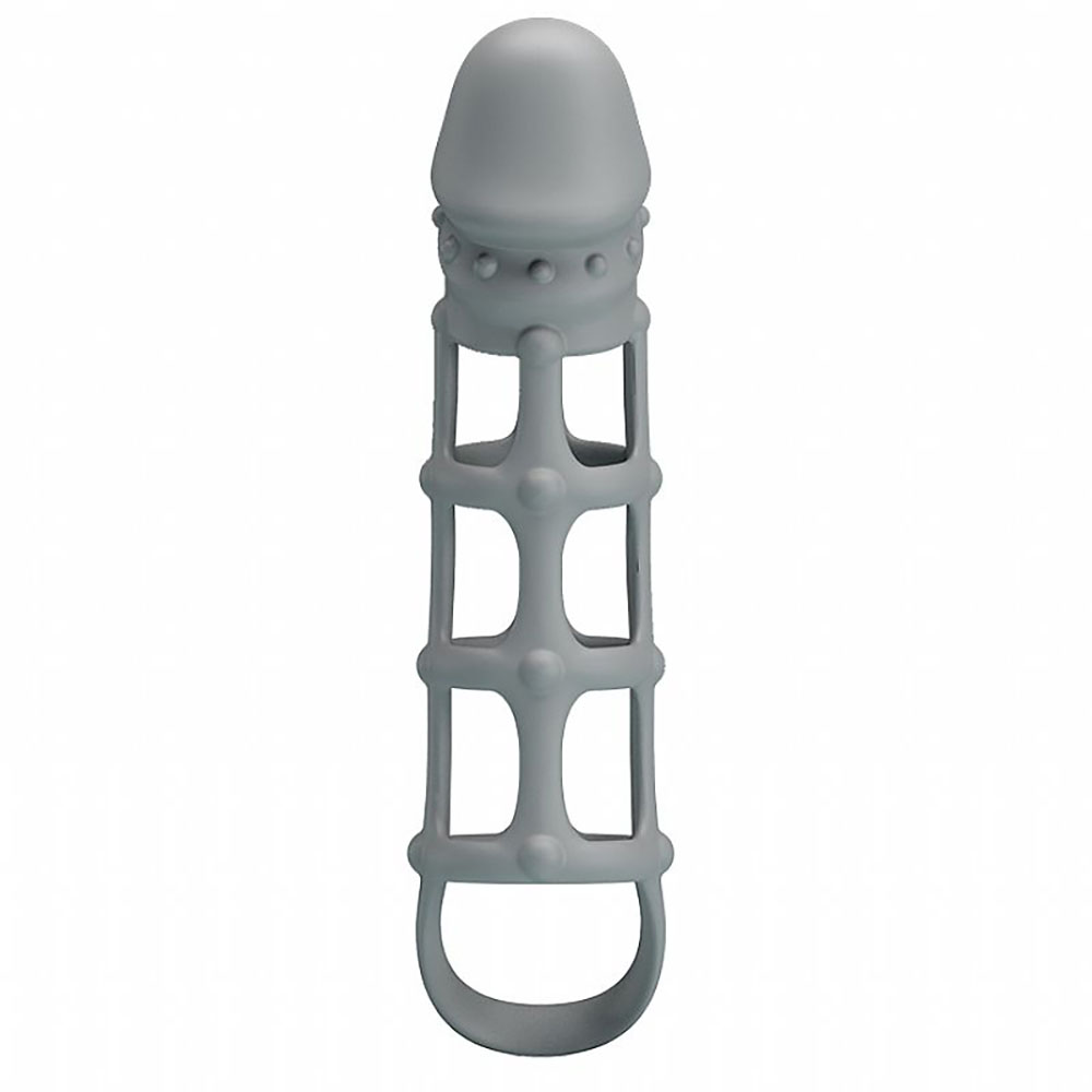 Capa peniana Penis Sleeve com Ball Strap em Silicone Preto vista em �ngulo lateral sobre fundo neutro, com detalhes da flexibilidade e textura do silicone